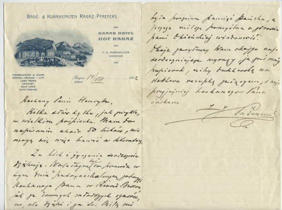 Lettre adressée par Paderewski à Henryk Opienski, du Grand Hôtel Hof Ragaz le 14 août 1912
