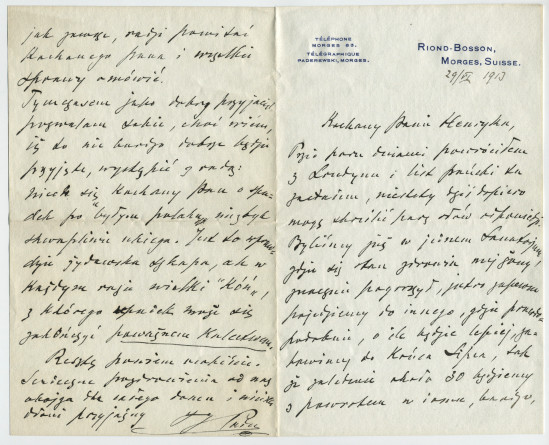 Lettre adressée par Paderewski à Henryk Opienski, du Riond-Bosson le 29 juin 1913