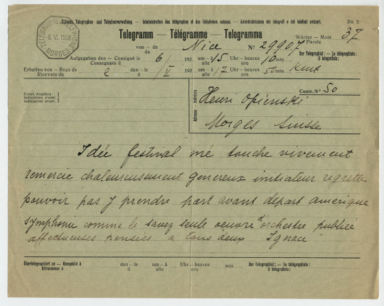 Télégramme adressé par Paderewski à «Henri Opienski Morges Suisse», de Nice le 6 mai 1930