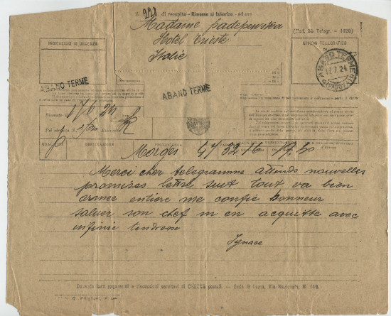 Télégramme adressé par Paderewski à Hélène Paderewska, à l'Hôtel Trieste d'Abano [Terme] (Italie), de Morges le 17 juillet 1924