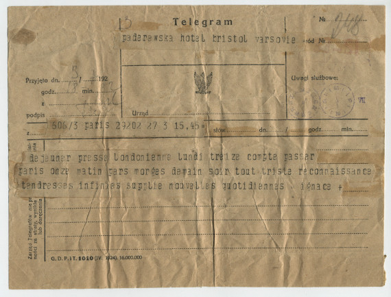 Télégramme adressé par Paderewski à Hélène Paderewska, à l'Hôtel Bristol de Varsovie, de Paris le 3 juillet 1925