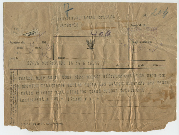 Télégramme adressé par Paderewski à Hélène Paderewska, à l'Hôtel Bristol de Varsovie, de Morges le 6 juillet 1925