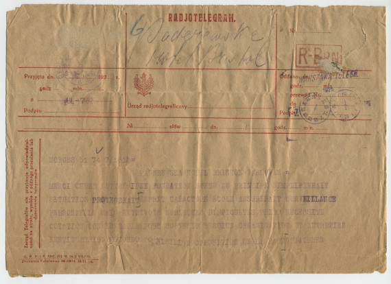 Télégramme adressé par Paderewski à Hélène Paderewska, à l'Hôtel Bristol de Varsovie, de Morges le 7 juillet 1925