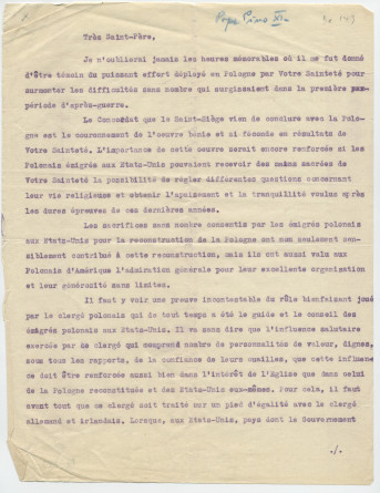 Copie carbone de la lettre (dactylographiée) adressée par Paderewski au pape Pie XI, en 1926 (?)