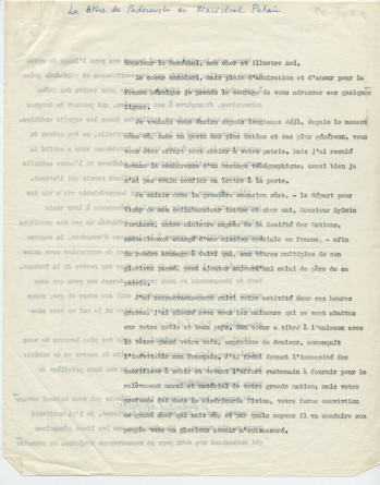 Copie carbone de la lettre (dactylographiée) adressée par Paderewski au maréchal Pétain, en juillet (?) 1940, par l'intermédiaire de Sylwin Strakacz
