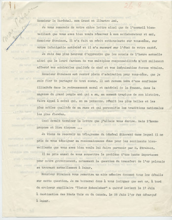 Lettre (dactylographiée, annotée et non signée) adressée par Paderewski au maréchal Pétain, le 28 août 1940
