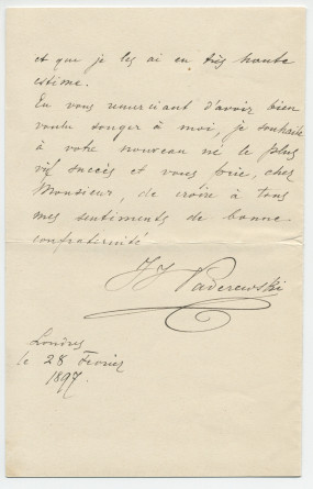 Lettre (avec enveloppe) adressée par Paderewski à Isidore Philipp, à Paris, de Londres le 28 février 1897