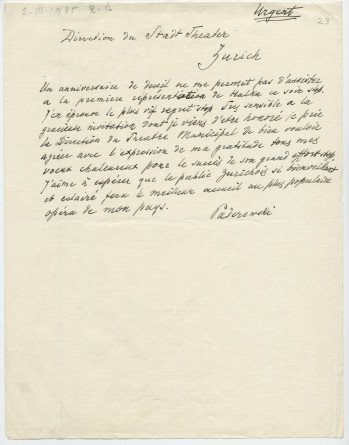 Brouillon du télégramme adressé par Paderewski à la direction du Stadttheater de Zurich, le 2 mars 1935