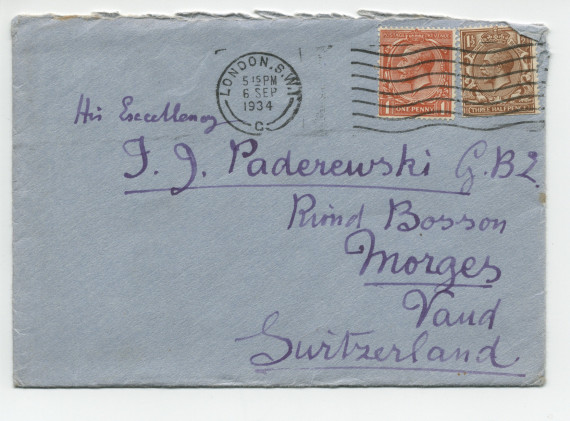 Lettre (avec enveloppe) adressée par Laurence [Alma-Tadema], 14 Hans Crescent à Londres, à Paderewski, à Riond-Bosson, le 6 septembre 1934