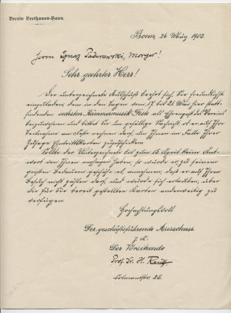 Lettre adressée par le «Vorsitzende» [président] du Verein Beethoven-Haus à Bonn, Prof. Dr. H. Rauff, à Paderewski, à Morges, le 24 mars 1903