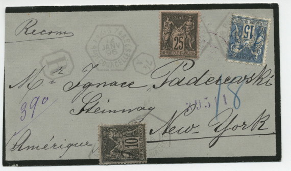 Billet (enveloppe seule avec cachet) adressé par la princesse Rachel Bibesco Bassaraba, princesse de Brancovan, à Paderewski, «Steinway, New York», de Paris (timbre de la rue de Courcelles) le 12 janvier 1896