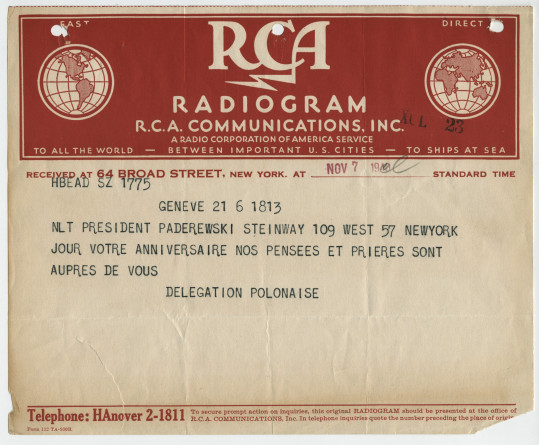Télégramme adressé par la délégation polonaise [auprès de la Société des Nations] à Genève, au «Président Paderewski», Steinway 109 West 57 New York, le 7 novembre 1940