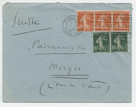 Lettre (avec enveloppe) adressée par Gustave Doret, 34 rue Vineuse à Paris (16e), à Paderewski, à Morges, le 6 septembre 1926