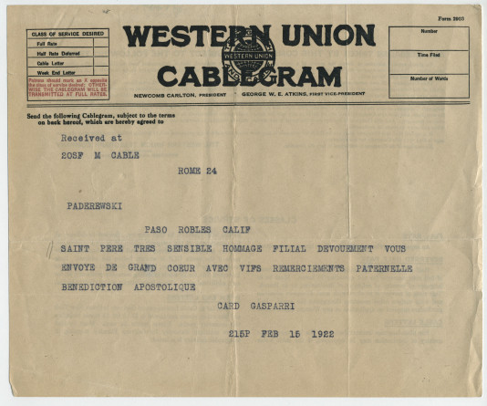 Télégramme adressé par le cardinal Pietro Gasparri à Paderewski, à Paso Robles (Californie), de Rome [Cité du Vatican] le 15 février 1922
