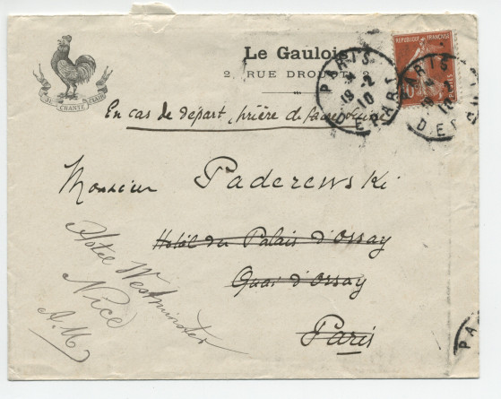 Lettre (avec enveloppe) adressée par Guy Dorval, rédacteur au «Gaulois», à Paderewski, à l'Hôtel Westminster de Nice, de Paris le 18 février 1910