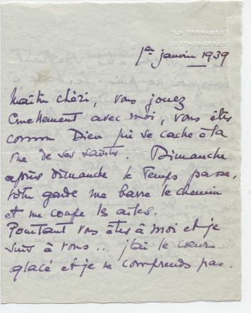 Lettre adressée par Simone Giron-de Pourtalès à Paderewski, de «La Terrasse» à Genthod (Genève) le 1er janvier 1939