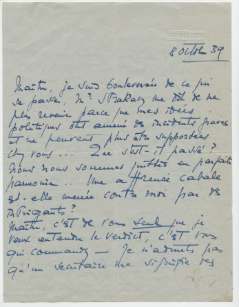 Lettre adressée par Simone Giron-de Pourtalès à Paderewski, de «La Terrasse» à Genthod (Genève) le 8 octobre 1939