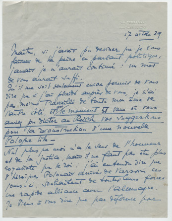 Lettre adressée par Simone Giron-de Pourtalès à Paderewski, de «La Terrasse» à Genthod (Genève) le 17 octobre 1939