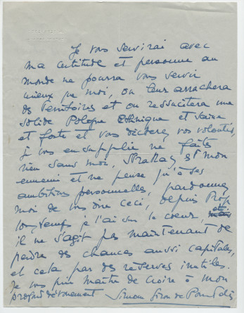 Lettre adressée par Simone Giron-de Pourtalès à Paderewski, de «La Terrasse» à Genthod (Genève) le 18 octobre 1939