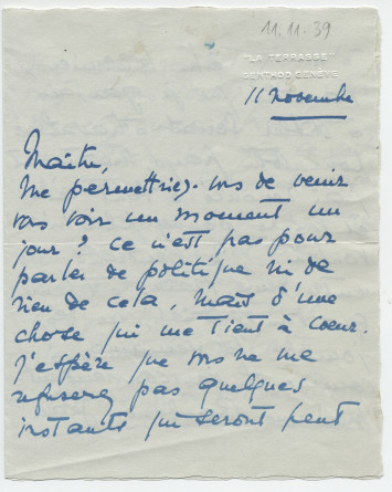 Lettre (avec enveloppe et carte d'accompagnement d'Antoinette Giron) adressée par Simone Giron-de Pourtalès à Paderewski, à Morges, de «La Terrasse» à Genthod (Genève) le 11 novembre 1939