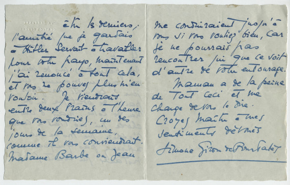 Lettre (avec enveloppe et carte d'accompagnement d'Antoinette Giron) adressée par Simone Giron-de Pourtalès à Paderewski, à Morges, de «La Terrasse» à Genthod (Genève) le 11 novembre 1939