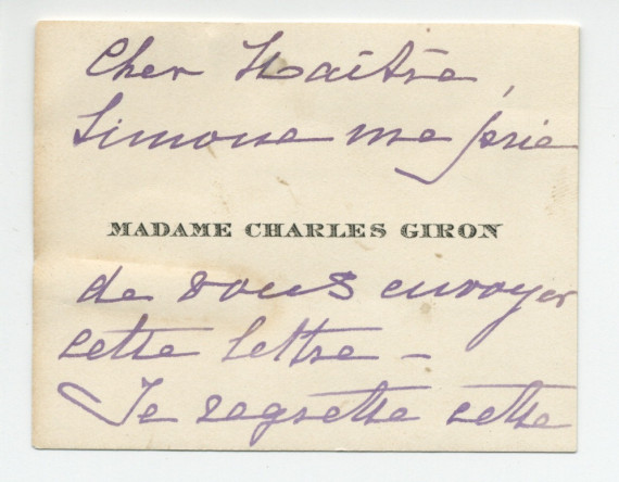 Lettre (avec enveloppe et carte d'accompagnement d'Antoinette Giron) adressée par Simone Giron-de Pourtalès à Paderewski, à Morges, de «La Terrasse» à Genthod (Genève) le 11 novembre 1939