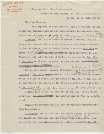 Lettre (annotée) adressée par Ernest Gonvers, notaire à Morges, à Paderewski, «Châlet de Riond-Bosson, Tolochenaz», le 10 juillet 1914