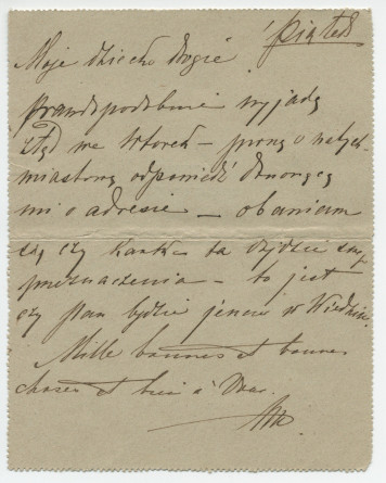 Carte adressée (en polonais) par Hélène Gorska à Paderewski, Anastasius-Grün-Gasse 40 à Wien-Währing, de Paris (boulevard de Clichy) le 29 juin 1888