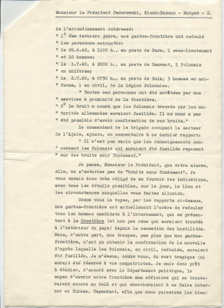 Lettre (avec enveloppe) adressée par le général Henri Guisan, commandant en chef de l'armée suisse, à «Monsieur le Président Paderewski» à Riond-Bosson, du quartier général de l'armée le 6 juillet 1940