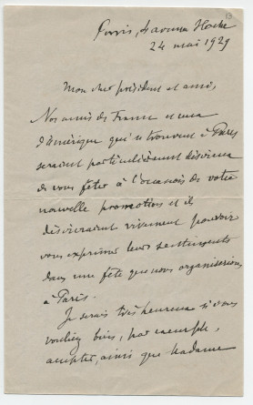 Lettre (avec enveloppe) adressée par Gabriel Hanotaux à Paderewski, à Morges, du 9 avenue Hoche à Paris le 24 mai 1929