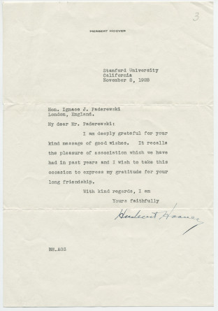 Lettre adressée par le président américain élu Herbert Hoover à «Hon. Ignace J. Paderewski, London», de Stanford University (Californie) le 8 novembre 1928