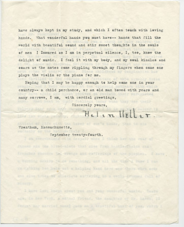 Lettre adressée par Helen Keller à Paderewski, de Wrentham (Massachusetts) le 24 septembre 1915