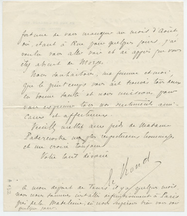 Lettre adressée par le général Henri Le Rond, 23 rue de l'Arcade à Paris (8e), à Paderewski, le 19 avril 1927