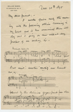 Lettre (avec enveloppe) adressée par William Mason, 29 Washington Sq. W. à New York, à «my dear friend» Paderewski, «c/o Otto Sutro & Co, Music Dealers, Baltimore», le 10 décembre 1895