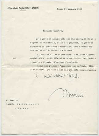 Lettre (avec formulaire) adressée par Benito Mussolini, président du Conseil des ministres italien, sur papier à en-tête du Ministère des affaires étrangères, «al [illustre] Maestro Ignazio Paderewski, Roma», de Rome le 19 janvier 1925