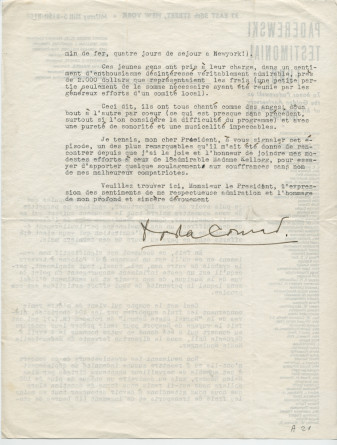 Lettre adressée par Doda Conrad, vice-président du Paderewski Testimonial Fund à New York, à «mon cher Président» Paderewski, le 29 avril 1941