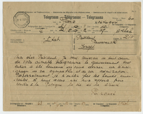 Télégramme adressé par Raymond Poincaré, président du Conseil des ministres français, au «Président Paderewski», à Morges, de Paris le 19 mai 1929