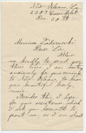 Lettre (avec enveloppe) adressée (en [mauvais] anglais) par Elizabeth Reiche à «Monsieur Paderewski, The renowed Pianist, New York», de La Nouvelle-Orléans le 30 décembre 1895