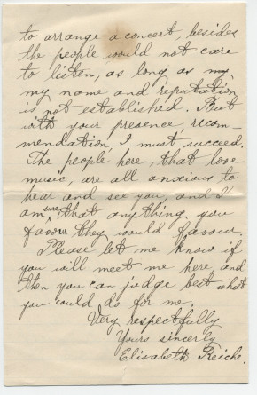 Lettre (avec enveloppe) adressée (en [mauvais] anglais) par Elizabeth Reiche à «Monsieur Paderewski, The renowed Pianist, New York», de La Nouvelle-Orléans le 30 décembre 1895