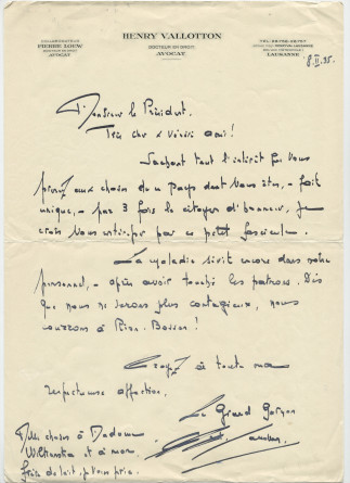 Lettre adressée par Henry Vallotton, sous en-tête de son étude d'avocat, à Paderewski, de Lausanne le 8 février 1935