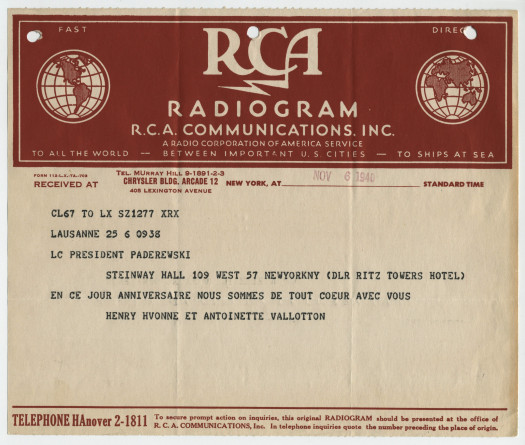 Télégramme adressé par Henry, Yvonne et Antoinette Vallotton au «Président Paderewski», Steinway Hall à New York, de Lausanne le 6 novembre 1940