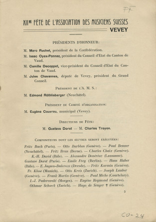 Libretto de la 12e Fête des Musiciens Suisses (publié par la revue «La Vie Musicale» dirigée par Georges Humbert), durant laquelle est interprétée la première partie de la Symphonie en si mineur op. 24 de Paderewski