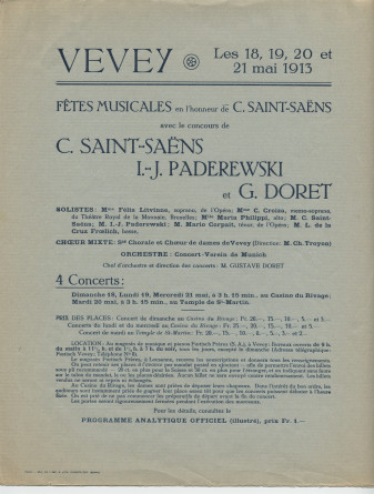 Programme des Fêtes musicales en l'honneur de Camille Saint-Saëns organisées du 18 au 21 mai 1913 au Casino du Rivage et au Temple Saint-Martin à Vevey avec le concours de Camille Saint-Saëns, Ignace Paderewski et Gustave Doret