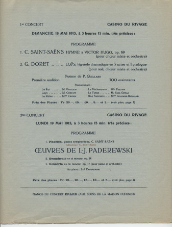 Programme des Fêtes musicales en l'honneur de Camille Saint-Saëns organisées du 18 au 21 mai 1913 au Casino du Rivage et au Temple Saint-Martin à Vevey avec le concours de Camille Saint-Saëns, Ignace Paderewski et Gustave Doret