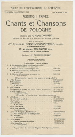 Programme de l'audition privée de chants et chansons de Pologne donnée le 29 octobre 1915 à la Salle du Conservatoire de Lausanne par Henryk Opienski sous la forme d'une causerie illustrée par des prestations musicales