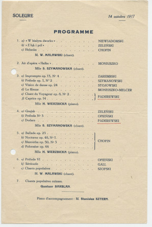 Programme du récital donné le 14 octobre 1917 à Soleure par la cantatrice Stanis?awa Szymanowska et la pianiste H. Wierzbicka (entre autres musiciens)