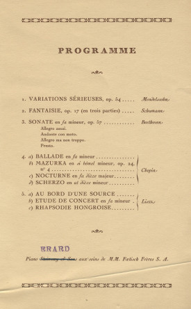 Programme du récital donné par Paderewski le 6 janvier 1925 au Casino du Rivage de Vevey «au profit de l'Hôpital des tuberculeux de Mottex pour la région de Vevey et des victimes des calamités naturelles récentes du Tessin»