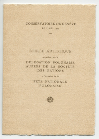 Programme de la soirée artistique organisée le 3 mai 1927 au Conservatoire de Genève par la Délégation polonaise auprès de la Société des Nations à l'occasion de la Fête nationale polonaise, avec le concours de la pianiste Helena Morstin