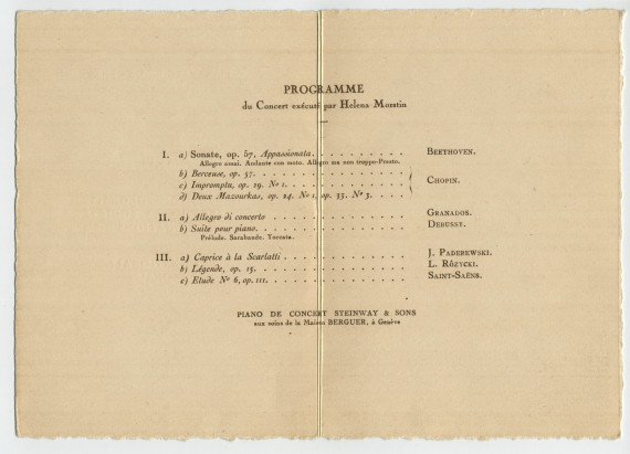 Programme de la soirée artistique organisée le 3 mai 1927 au Conservatoire de Genève par la Délégation polonaise auprès de la Société des Nations à l'occasion de la Fête nationale polonaise, avec le concours de la pianiste Helena Morstin