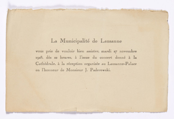 Programme, billets d'entrée, avertissement et carton d'invitation de la Municipalité de Lausanne pour le concert donné par Paderewski le 27 novembre 1928 à la Cathédrale de Lausanne au profit de la construction d'une salle de concerts